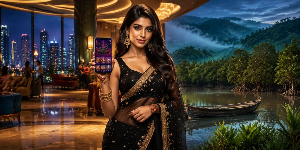 সুন্দরবনের পটভূমিতে মোবাইলে ja99 ক্যাসিনো উপভোগ করছেন বাংলাদেশি তরুণী
